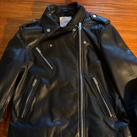 Mango Black Leather Moto Jacket LIKE NEW SHEEP LEATHER size Large - Picture 3 of 9